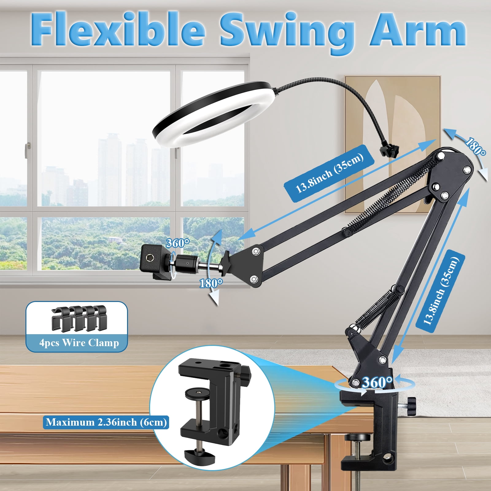 Kalcinty Camera Mount with Ring Light Overhead, 6" LED Ring Light, Flexible Articulating Arm Compatible with iPhone, Logitech Webcam, Computer Tripod for YouTube Live Stream Cooking Video Recording