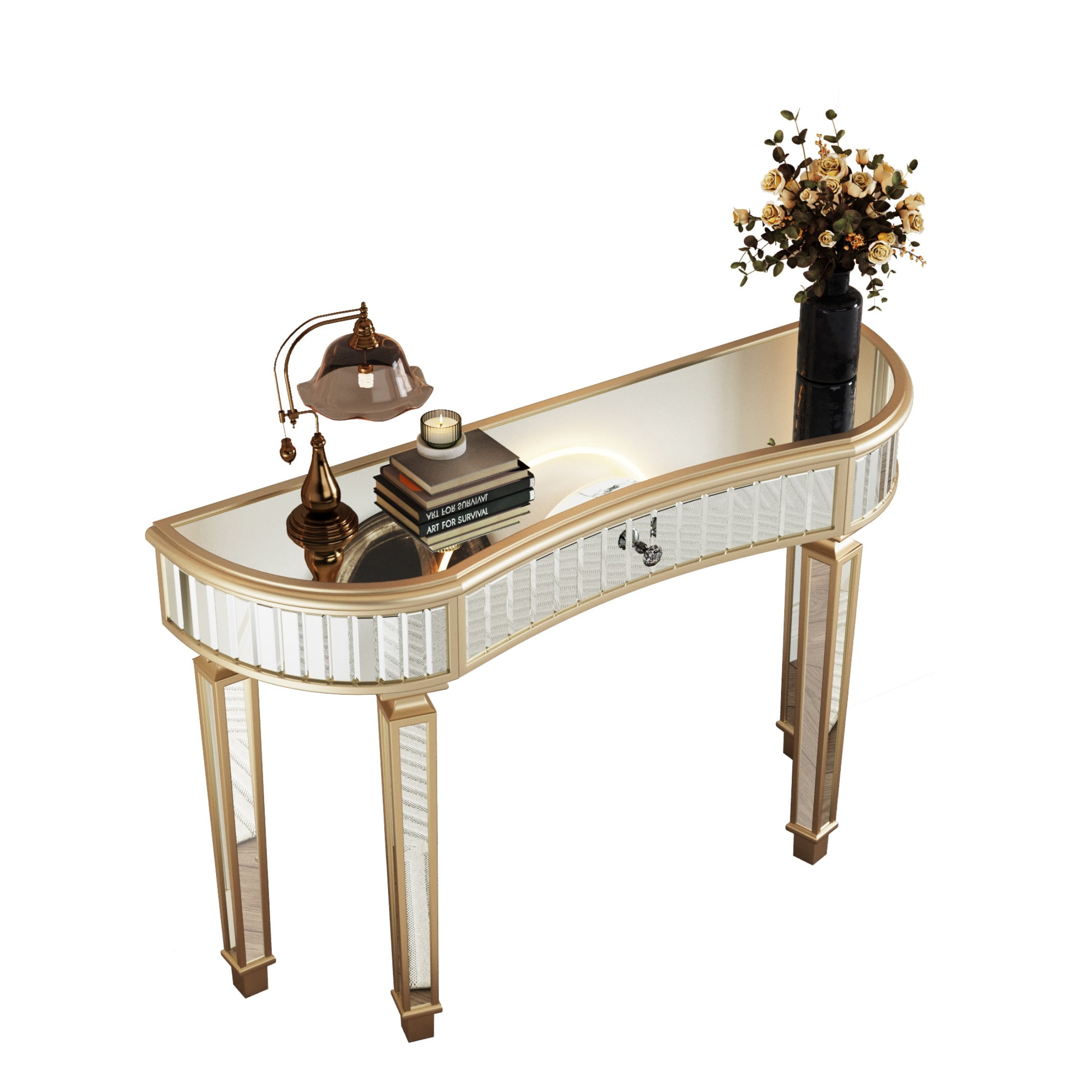 Curved Glass Console Table with Fluted & Crystal Knob Drawer, Mirrored Entryway Display Table, Multi-functional Vanity Desk