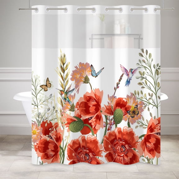 MIZHONA Country Shower Curtain with Snap in Liner,Orange Floral No Hook Fabric Bathroom Curtain,71"× 74"