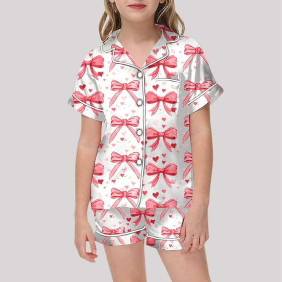 Tween Girls Silk Pajamas Set Bow Print 2 Piece Set Short Sleeve Button-Down Shirts Shorts Set Girls Summer Fall Clothes Cute Pjs for Girls 10-11 Years