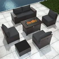 Gotland 7 Pieces Outdoor Patio Furniture with 43"Fire Pit Table, Furniture Patio Sectional Sofa Set, Black