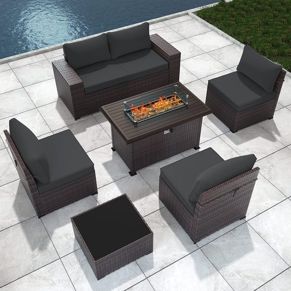 Gotland 7 Pieces Outdoor Patio Furniture with 43"Fire Pit Table, Furniture Patio Sectional Sofa Set, Black