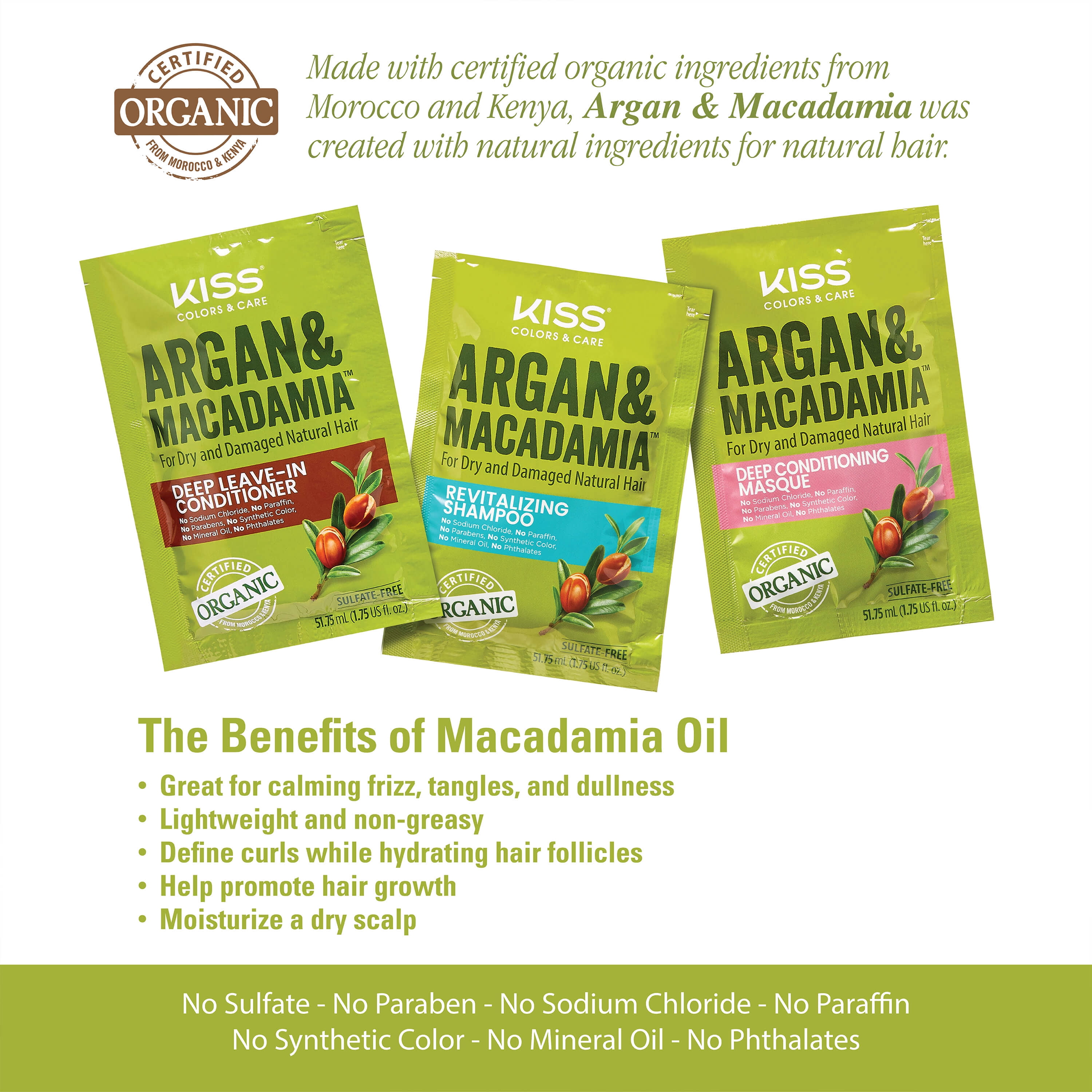 (3 pack) Kiss Colors & Care Argan & Macadamia Revitalizing Shampoo Sulfate-Free Certified Organic Argan & Macadamia Oils, 1.75 fl oz