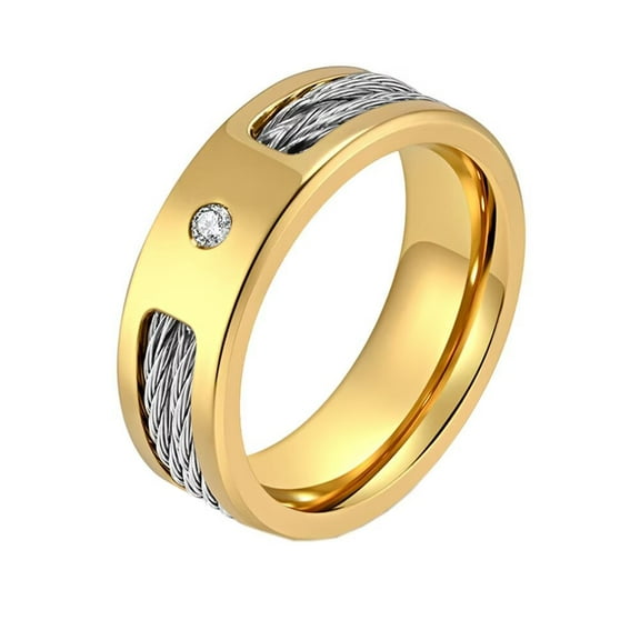 PAMTIER Men's Stainless Steel 8mm Cubic Zirconia Wire Rope Inlay Wedding Band Ring Gold Size 7