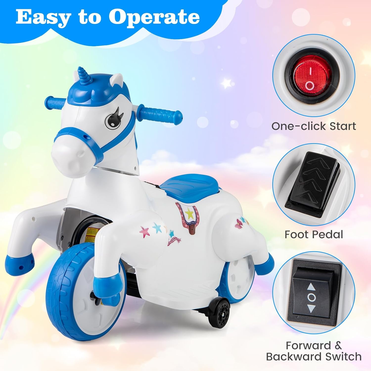 OLAKIDS 2 in 1 Ride on Motorcycle and Horse, Unicorn 6V Battery Powered Ride on Toy with Up & Down Function, MP3, Power Display, Training Wheels, Kids Electric Vehicle Aged 3-6 Years