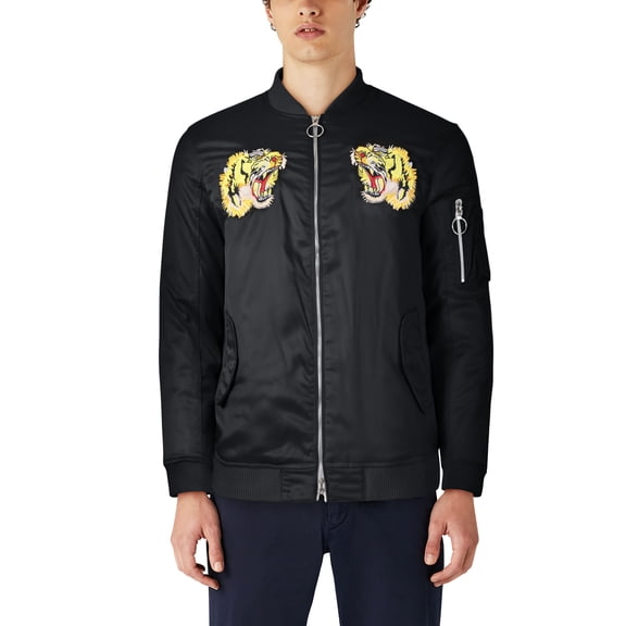 Ma Croix Mens Heavyweight Japanese Mythology Embroidered Patch Bomber Flight Military Zip-Up Jacket