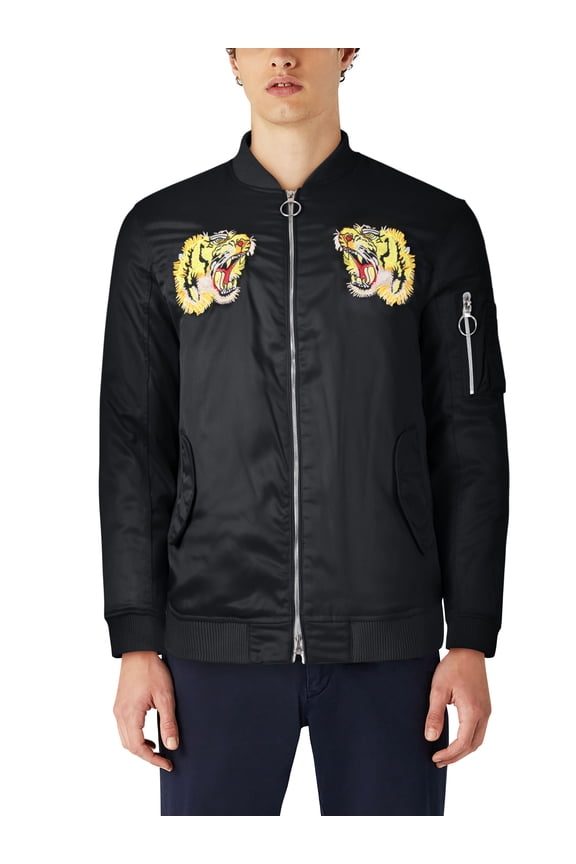 Mens Heavyweight Japanese Mythology Embroidered Patch Bomber Flight Military Zip-Up Jacket