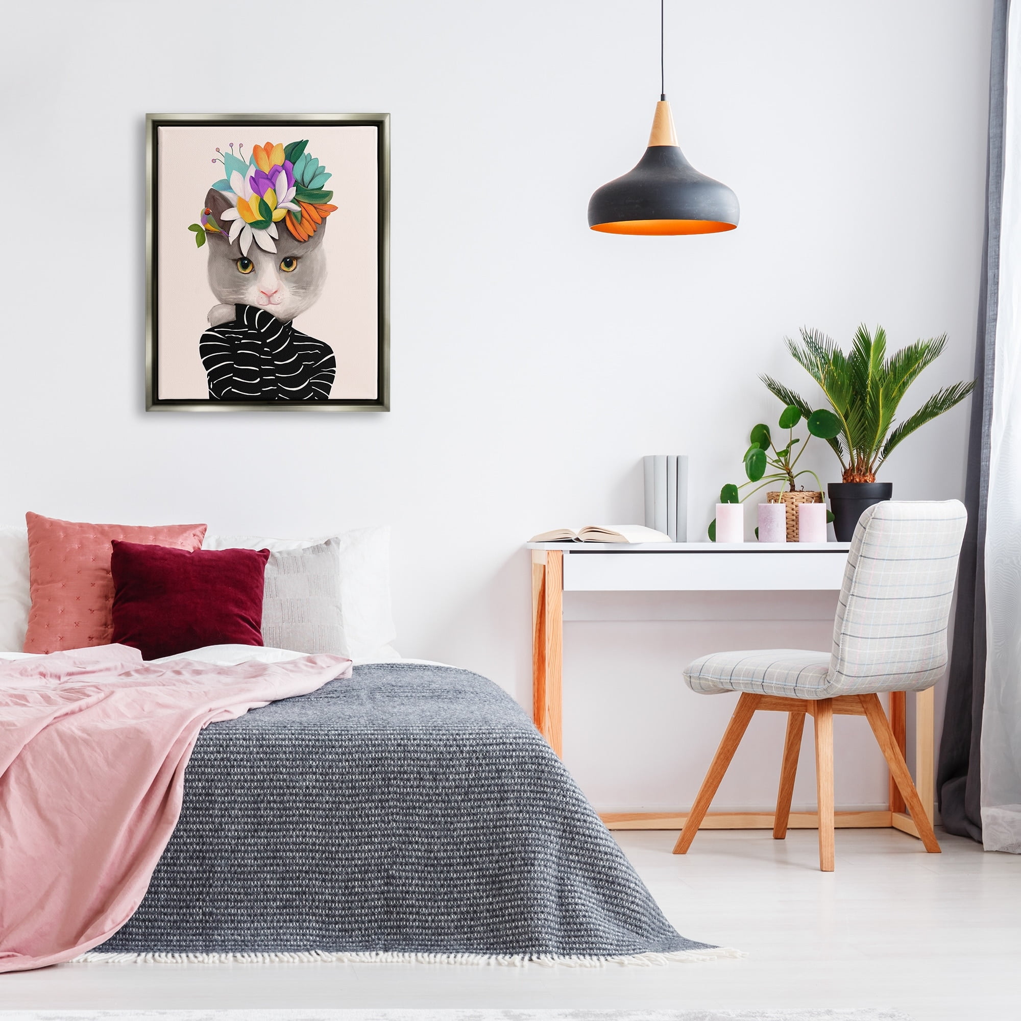 Stupell Industries Bold Floral Design Grey Cat Striped Sweater Luster Gray Framed Floating Canvas Wall Art, 24x30, by Ioana Horvat