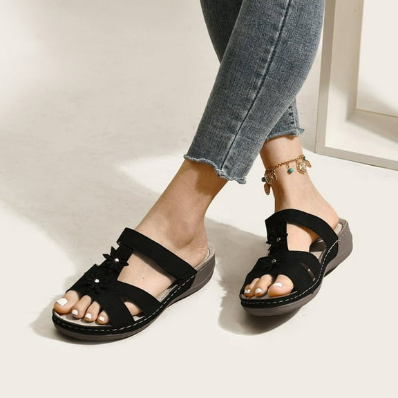Floenr Womens Sandals Flip Flops for Women,Women's Leisure Vacation Comfort Flower Open Toe Wedge Beach Sandals