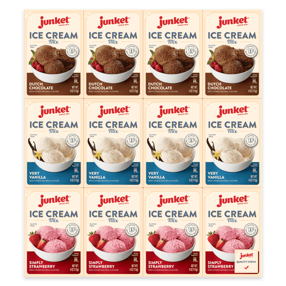 Junket Ice Cream Mix Bundle - 4 Vanilla, 4 Chocolate, 4 Strawberry (12 Total)