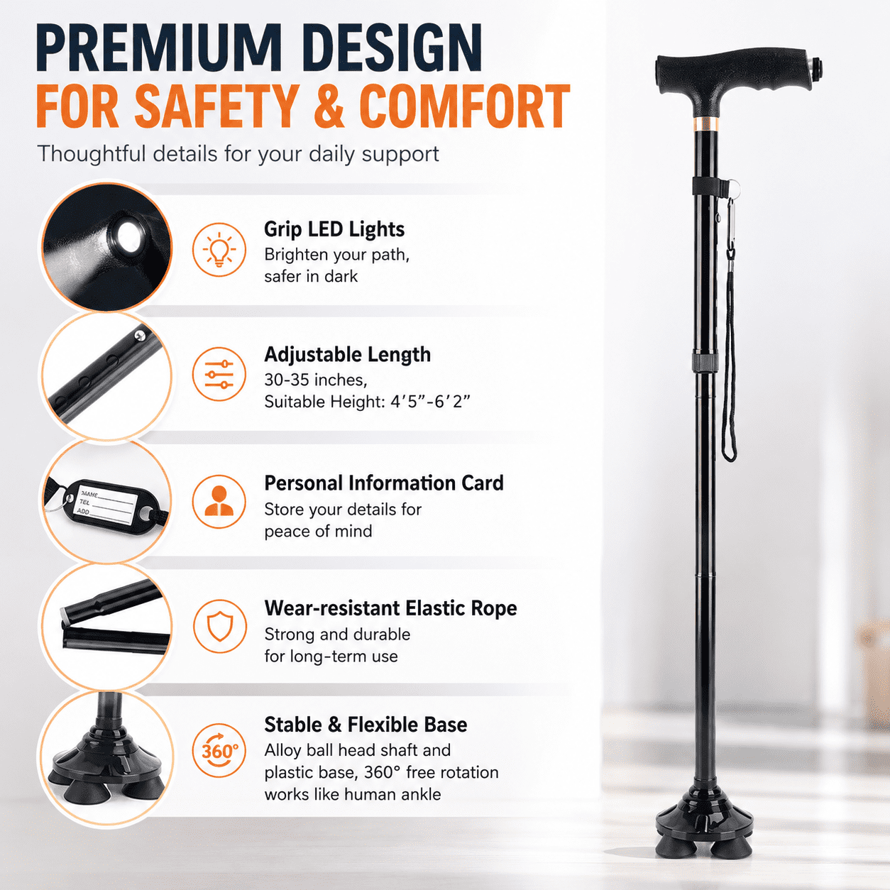 MoonSun Foldable Walking Cane for Seniors, Adjustable Aluminum Walking Cane with Quad Base, LED Light, Wrist Strap, Portable Folding Cane for Men & Women