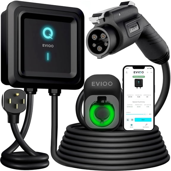 EVIQO Level 2 EV Charger, 40 Amp, J1772 for Non-Tesla EVs, 25ft Cable, WiFi (2.4GHz) Smart App, UL & ETL Certified, NEMA 14-50 Plug-in 240V, 9.6kW
