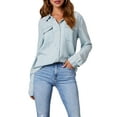 thumbnail image 2 of Women Denim Shirts Button Down Blouse V Neck Casual Tops Light Blue L, 2 of 9