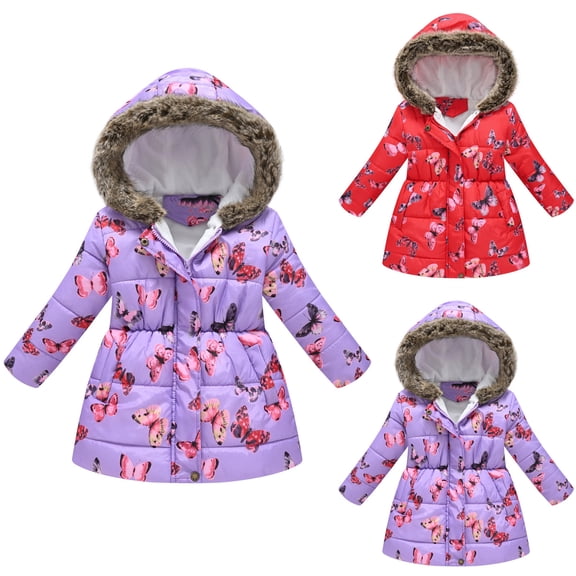 Nilvkv Girls Winter Coat, Jackets for Girls, Butterfly Print Zip-Up Cinched Waist Hooded Puffer Jacket with Pockets and Faux Fur Trim for Cold Weather Pink 9-10 Years