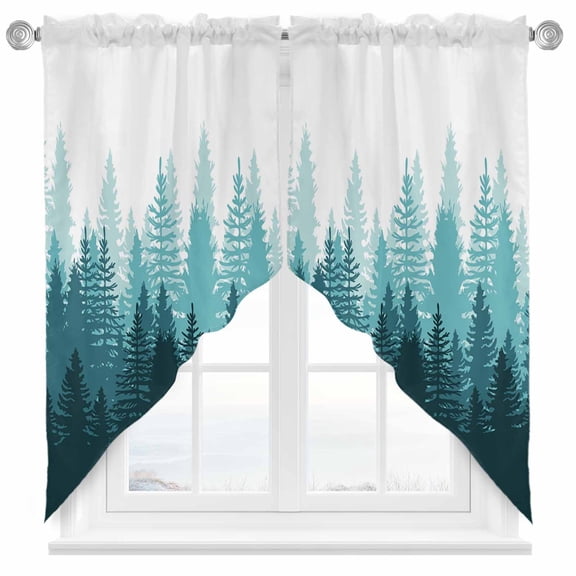 Teal Forest Swag Valances for Windows 2 Pack Nature Woodland Tree Misty Forest Silhouette Landscape Swag Kitchen Curtains 36 Inches Long Rod Pocket Short Window Treatment for Kitchen Bathroom 36"x36"