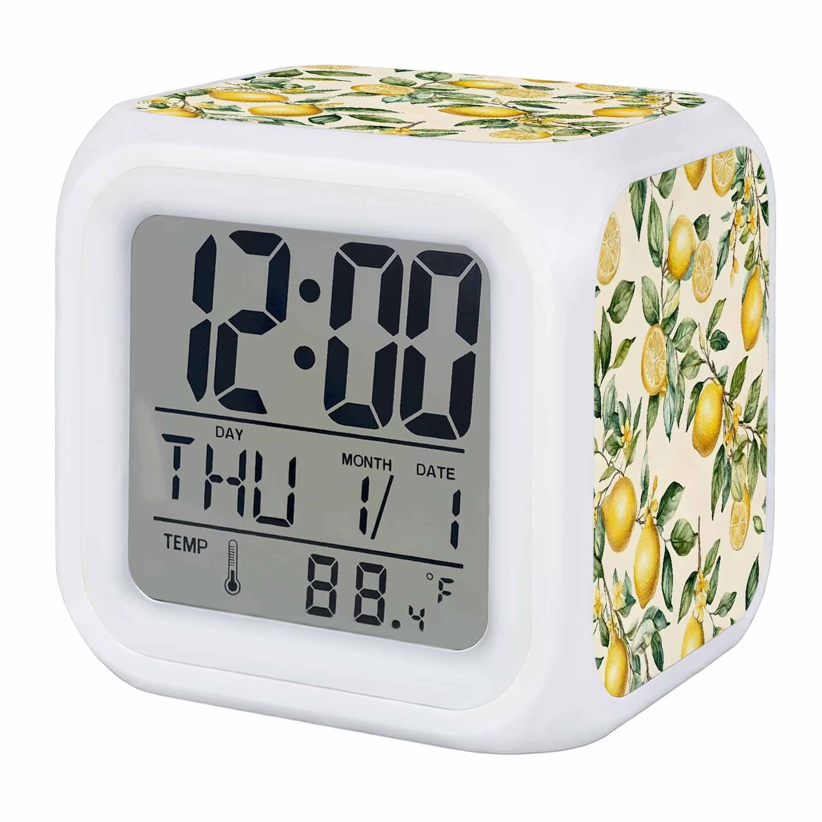 Summer Lemon Alarm Clock, Yellow Flower Leaves Beige Digital Clock Night Light with 7 Color, Calendar Temperature Display, LED Desk Small Clock for Bedrooms Bedside Living Room