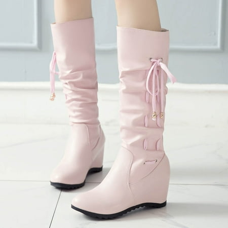 

Women Boots High Heel Shoes Pointed Toe Winter Casual Soild Mid-Calf Zip Boots Pleated Knight Boots Height Increase