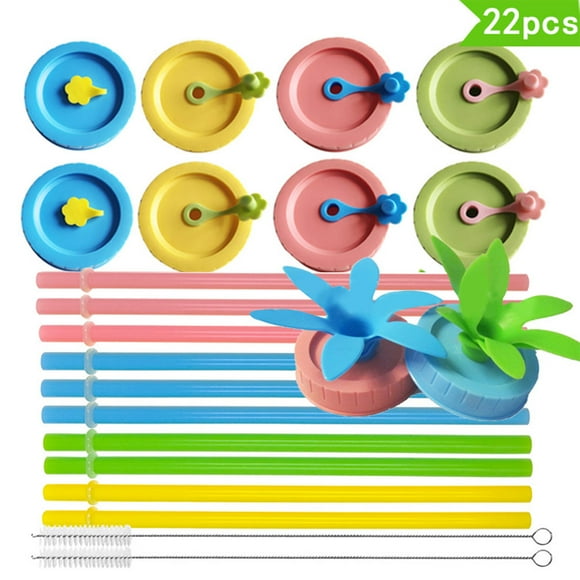 Couvercles de Pots Mason avec Couvercles à Pailles et Brosse de Nettoyage Couvercles de Pots de Mise en Conserve en Plastique Colorés pour Boire pour Ball Kerr et Plus