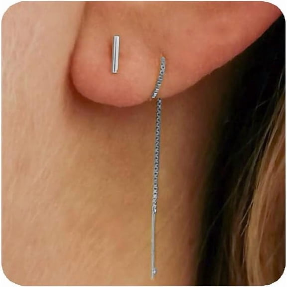 Gold Chain Threader Dangle Earrings for Women, 14K Gold Plated Long Tassel Drop Earrings, Hypoallergenic Lightweight Jewelry-silver-pattern2