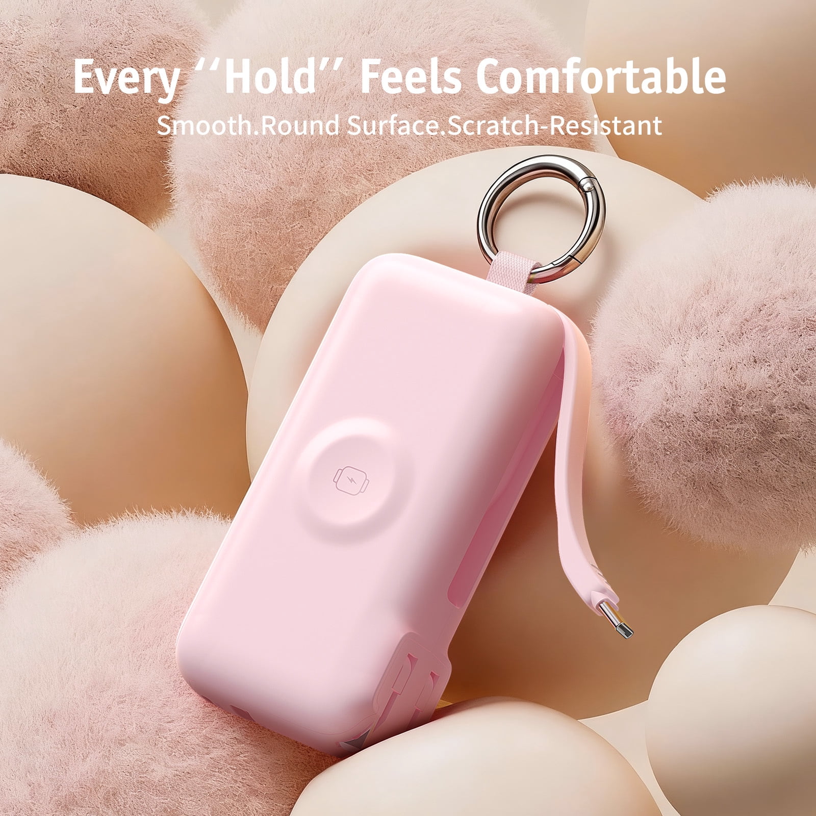 RORRY Flow 10000mAh Portable Charger with Built-in USB-C Cable & Foldable Wall Plug, 40W Fast Charging Power Bank Compatible for iPhone 17/16/15, Apple Watch, iPad, MacBook, Android, Berry pink