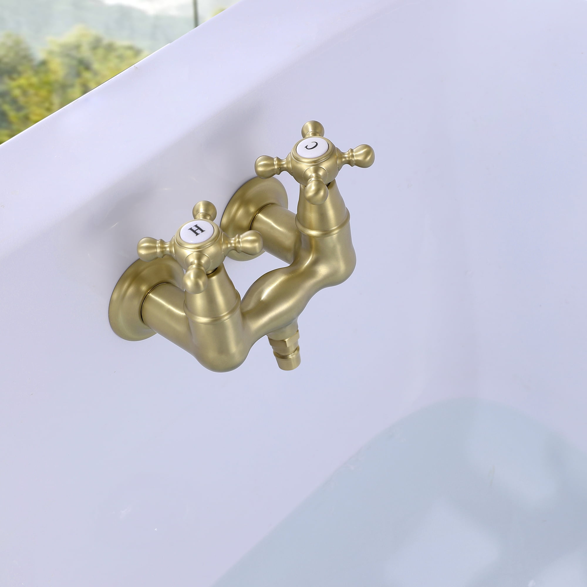 SUMERAIN Wall Mount Clawfoot Bathtub Faucet with Two Cross Handles Brushed Gold