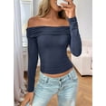 thumbnail image 5 of Womens Long Sleeve Off Shoulder Shirts Tight Fitted Y2K Ruched Tee Tops Blouses 2025 Trendy Outfits Navy Blue XL, 5 of 7