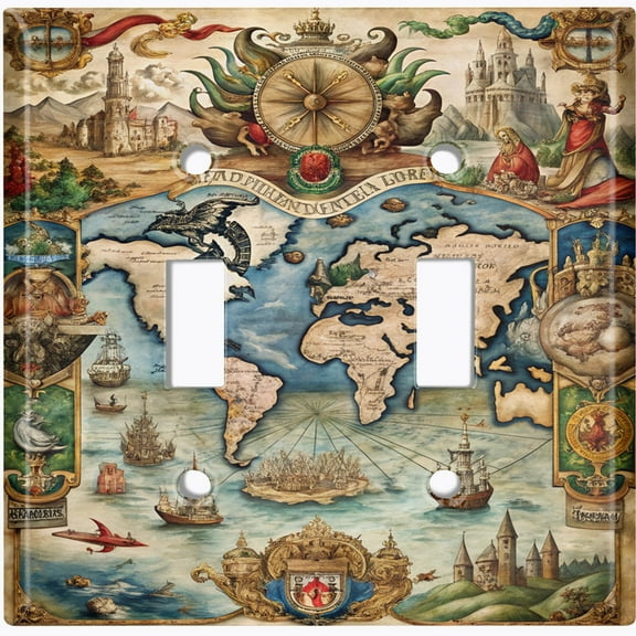 Metal Light Switch Wall Plate Outlet Cover (Victorian Era World Map - Double Toggle)