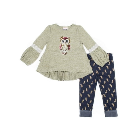 Little Lass Bell Sleeve Owl Top and Printed Denim Leggings, 2pc Outfit Set (Toddler Girls)