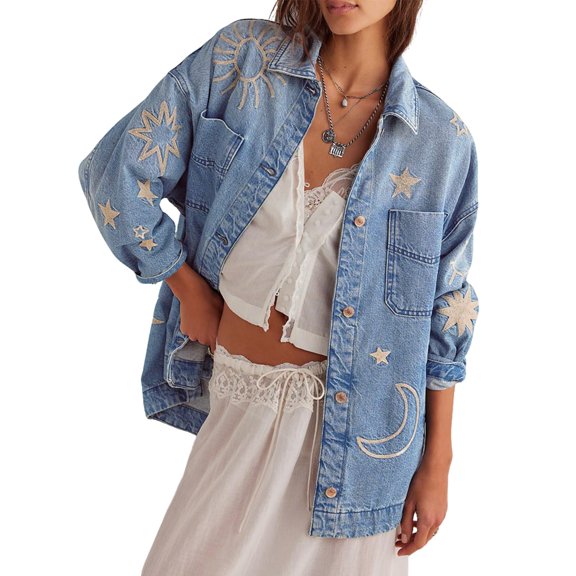sicmoss Women's Blue Cotton Vintage Oversized Embroidered Denim Jacket Boho Loose Fit Button Down Casual