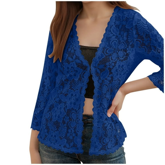 Hcyirli Women's Elegant Casual V-Neck Lacy Cardigan Beach Cover Up Shirt for Sunny Days and Breezy Evenings Blue XXL