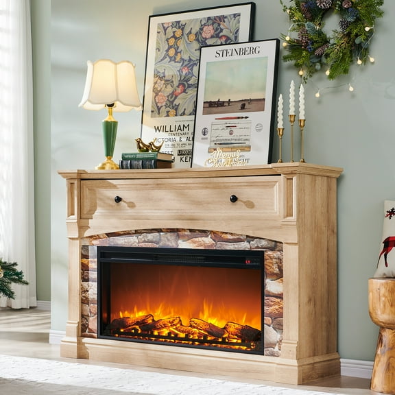 OKD Farmhouse TV Stand Electric Fireplace with Mantel, 52 inch Entertainment Center w/36 Electric Fireplace & Sime-Open Cubby & Open Bottom for Living Room, Natural Oak