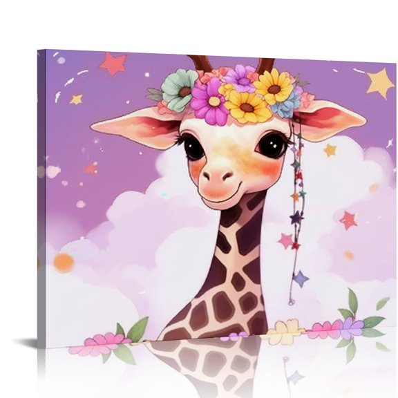 ZFLMY Giraffe Flower Crown Rainbow Wall Art Canvas Print On Canvas Ready To Hang Home Decor 16x12in