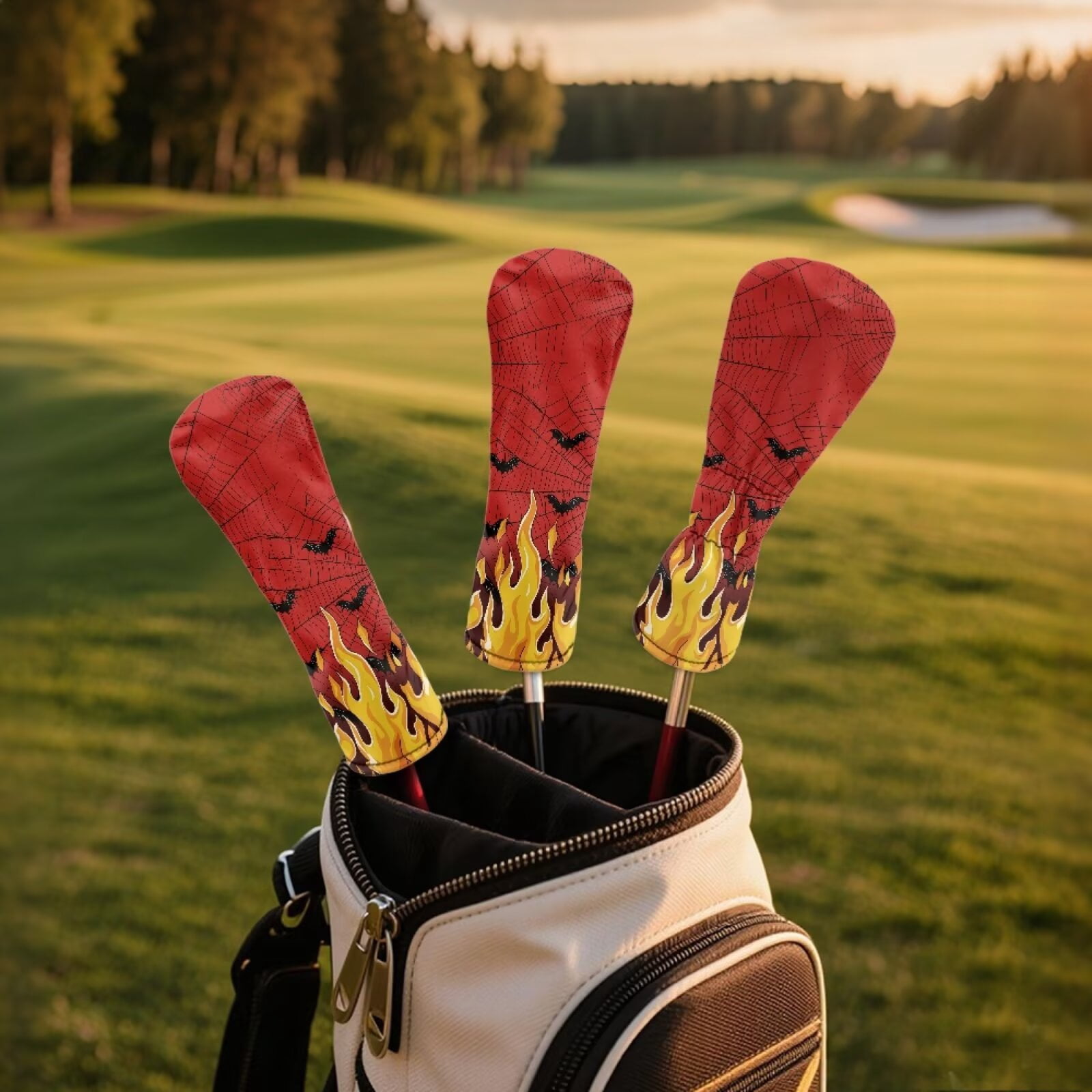 Uorisanigo Golf Club Covers Set for Driver, Fairway Wood and Hybrid Soft PU Leather Fire Red Black Bat Golf Club Head Covers, 3 Pack Set Essential Golfing Accessories, Easy to Use