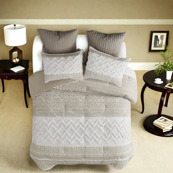 Farmhouse Bedding Sets 3Piece Cotton Comforter with Chenille Tufting Taupe Full/Queen