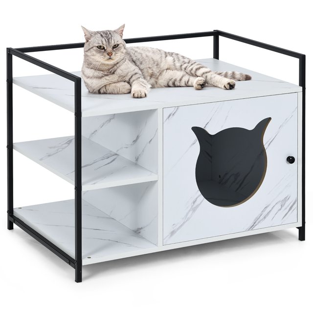 Costway Meuble Cache-Litière pour Chat Armoire à Litière Cachée avec Étagère de Rangement à 2 Niveaux