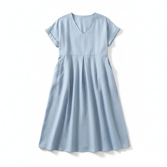 Ashirexll Womens Summer Dresses, Flowy Dresses for Women, Classic V-Neck Solid Color Short Sleeve Pocket A-Line Dress