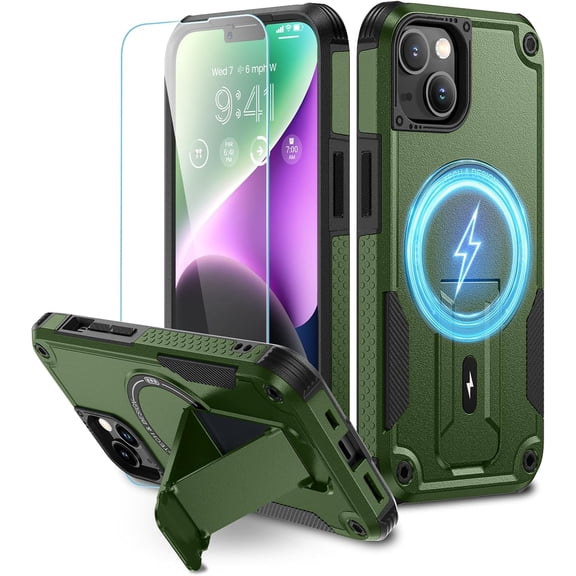 for iPhone 13 Case & iPhone 14 Case [Compatible with MagSafe], with Invisible Stand HD Screen Protector Military Grade Drop Protection Shockproof Case for iPhone 13/14 6.1 inch Green
