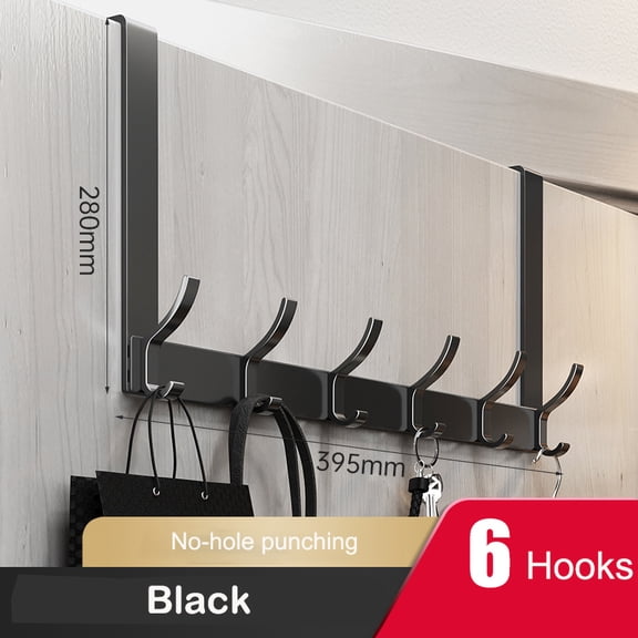 RUseeN Over The Door Hook Hanger - 6 Hooks, Heavy Duty Over The Door Towel Rack Coat Rack for Clothes Hat Towel, Black