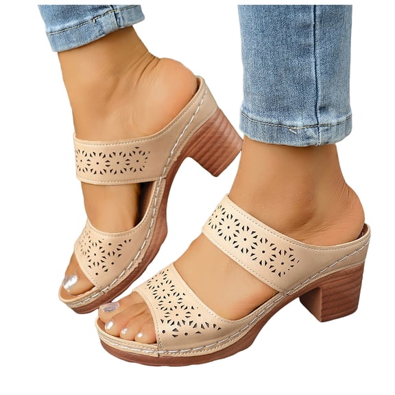 Rokment Womens Platform Chunky Block High Heels Dress Slides Sandals Boho Beach Summer Casual Leather Fish Mouth Open Toe Slip on Heeled Slippers for Ladies 2026 Beige Size 6