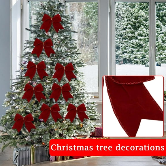 12PCS 12 Pcs Christmas Bows Rustic Wreath Gift Bows Vintage Xmas Velvet Ribbon Decoration for Xmas Tree Garland DIY Wrapping Decorative Red Christmas Tree Bows 6in