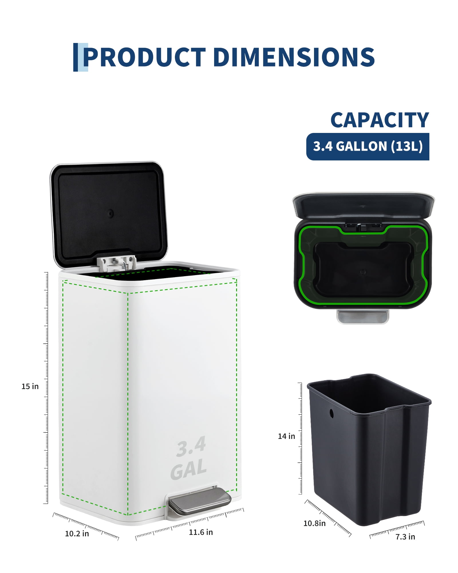 Babevy 15L Stainless Steel Trash Can, Rectangular Garbage Bin with Soft-Close Lid,for Kitchen, Bathroom, Office