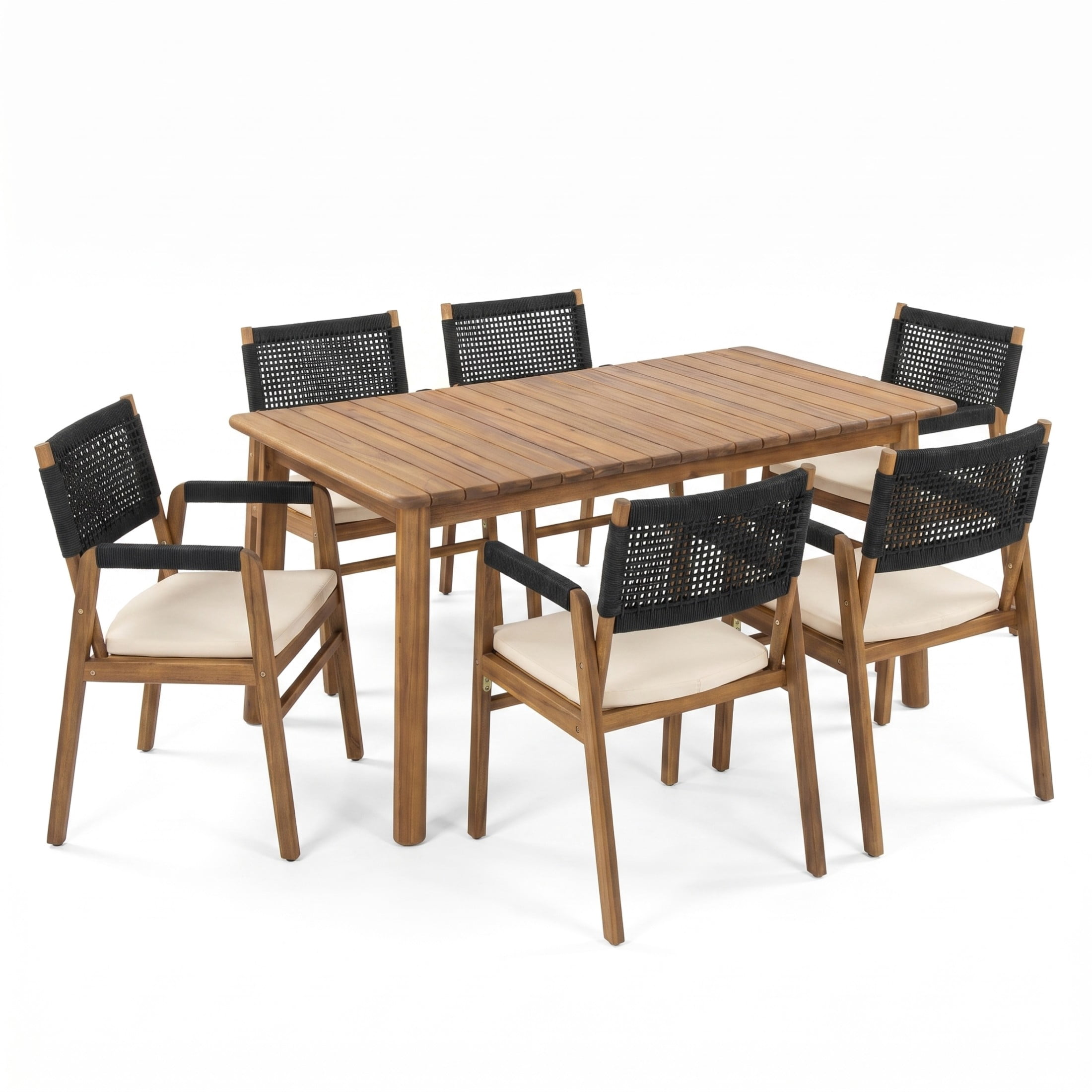 Christopher Knight Home 7-Piece Wood Outdoor Dining Set, Extendable Table with Rope Armchairs, Teak+Black