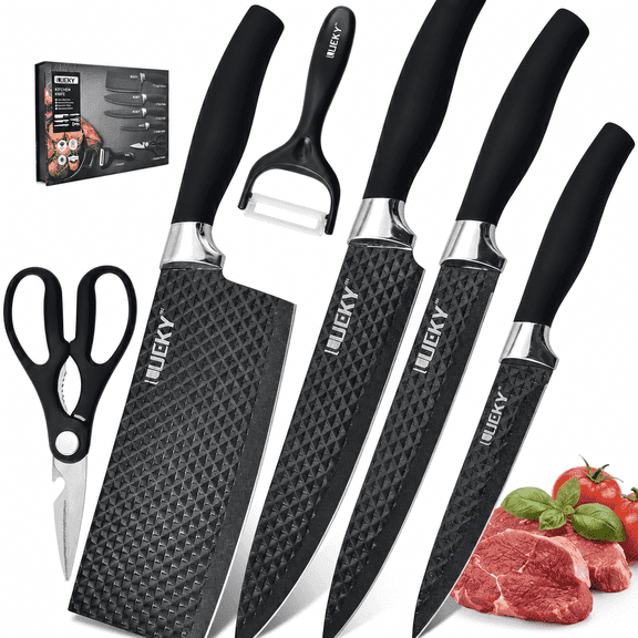 MDHAND Kitchen Knife Set 6-Piece with Scissors Peeler, 3CR13 Stainless Steel Blades with Diamond Pattern, Ergonomic Handles, Premium Gift Box for Home Kitchen
