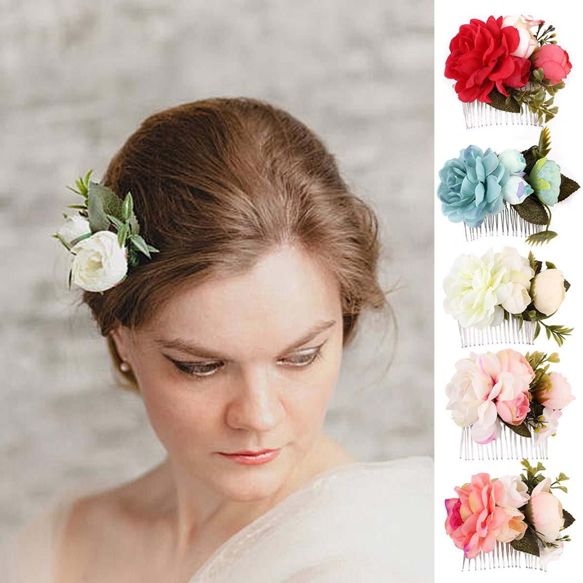 Meidiya Artificial Flower Metal Hair Side Combs Slide Clips With Floral