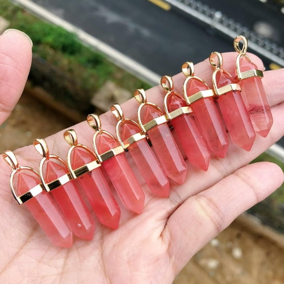 QQTDFG 10pcs Cheery Quartz Stone Hexagon Point Pendant Chakra Reiki Healing Amulet-default