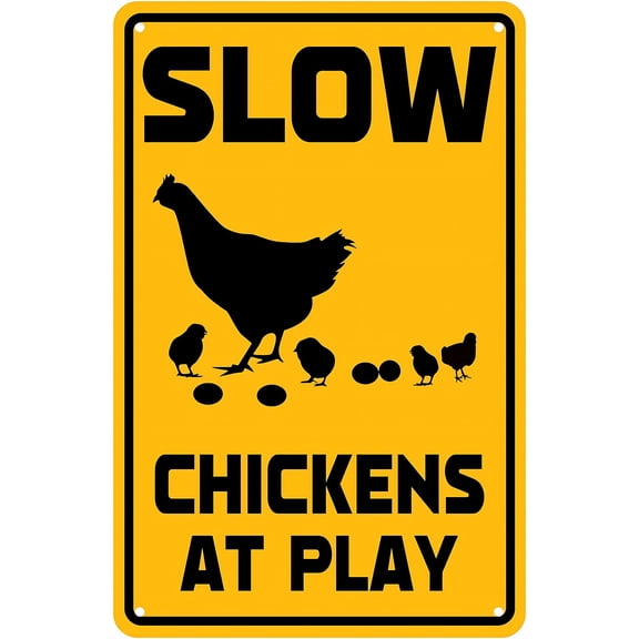 Slow Sign Chickens at Play Reflective Sign 8"x12" - Orange Tin Metal Decor for Chicken Farm, Rural Road, Coop Yard Street House
