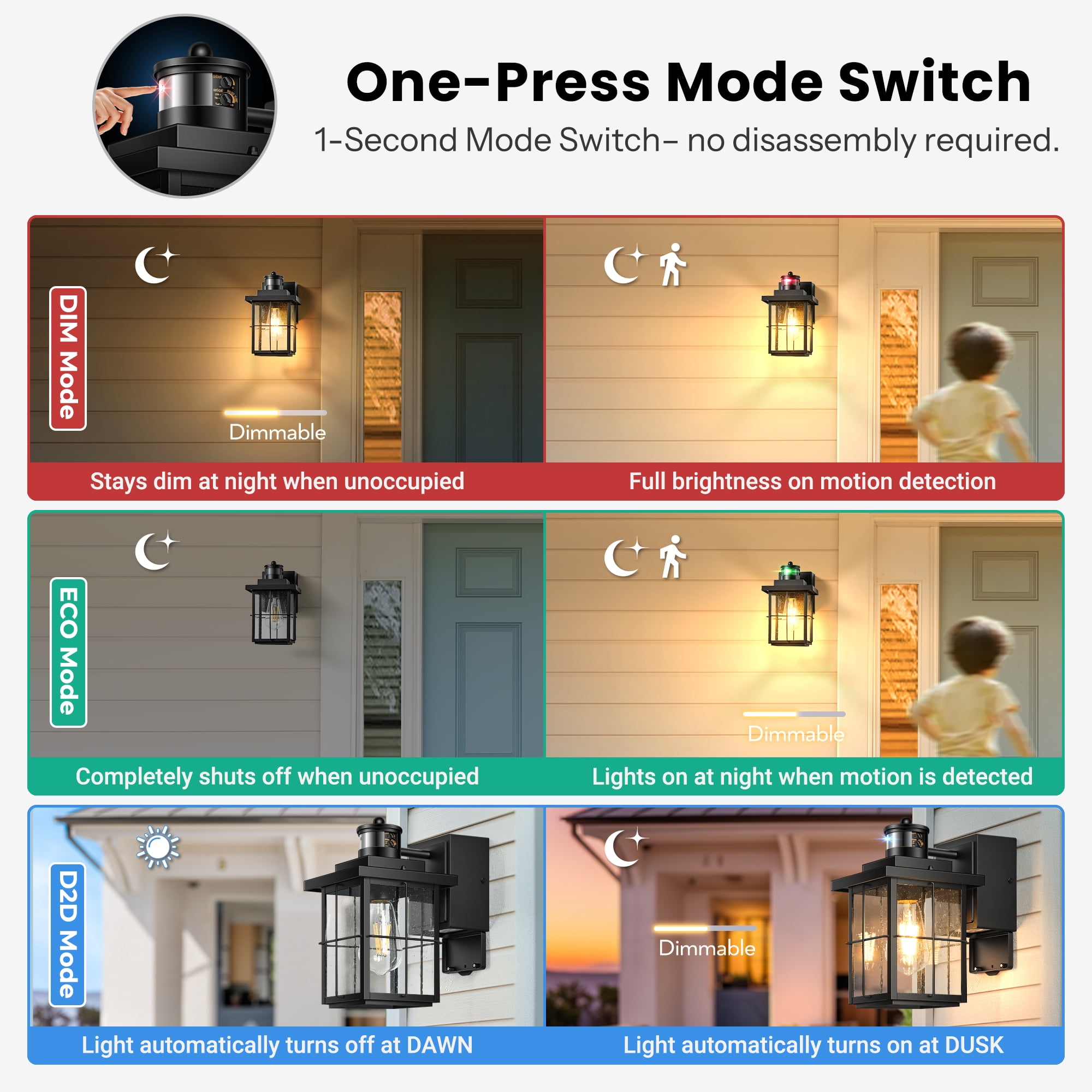 Gleamz Motion Sensor Porch Light with GFCI Outlet, Black Outdoor Wall Light with Outlet, Waterproof  Exterior Wall Lantern for Garage, Patio