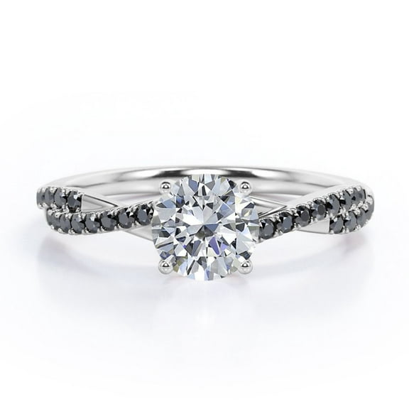JeenMata Basket Cathedral - 1 TCW Round Shape Moissanite with Lab Created Black Diamond - Crossover Pave Engagement Ring - 18K White Gold Plating over Silver