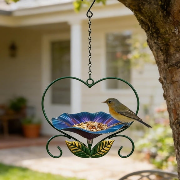 Hanging Metal Bird Feeder with Flower-Shaped Tray and Decorative Iron Bird House for Outdoor Garden Yard - Rust Resistant Wild Bird Feeding Station