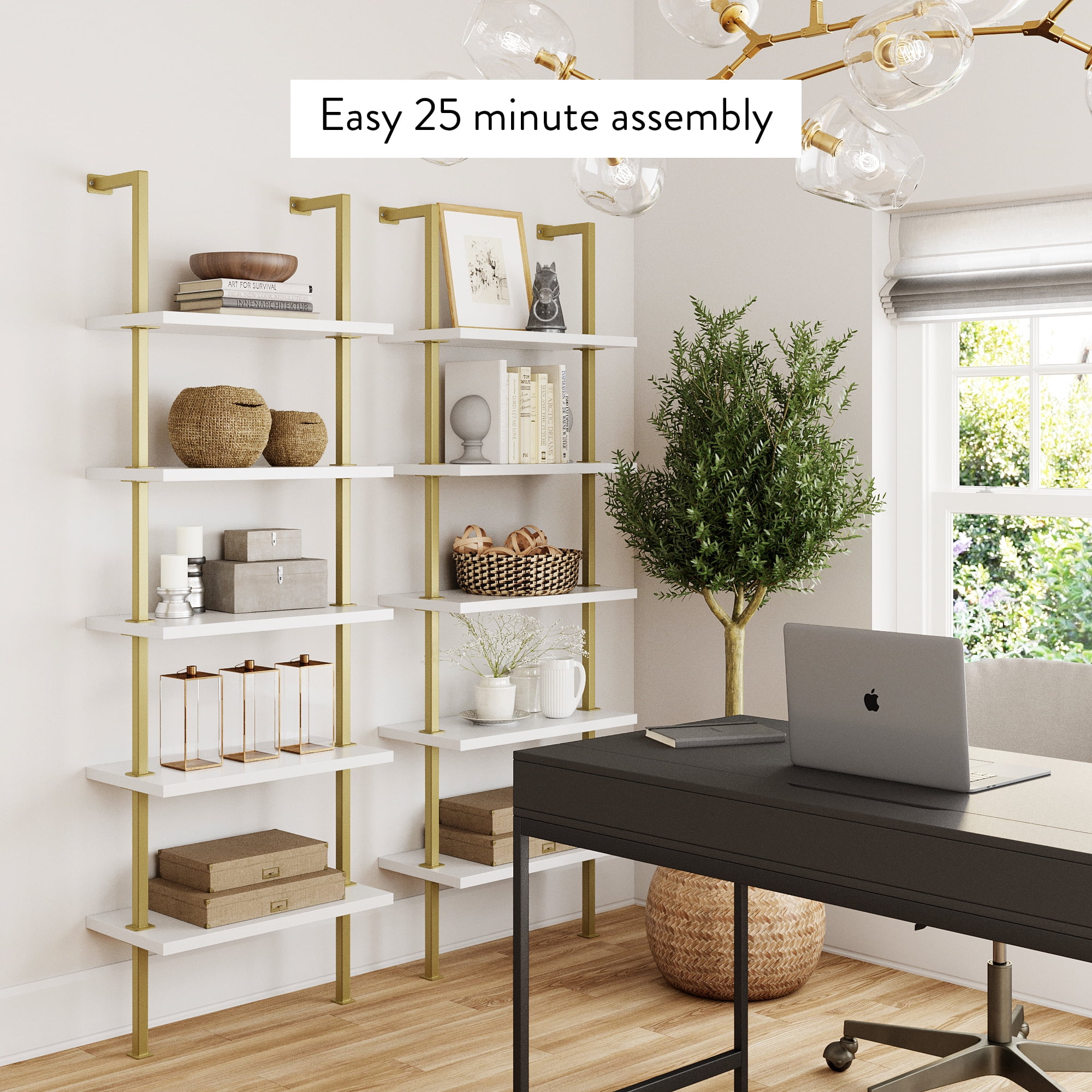 Nathan James Theo Industrial 5-Shelf Gold Ladder Bookcase with White Open Shelves and Brass Metal Frame